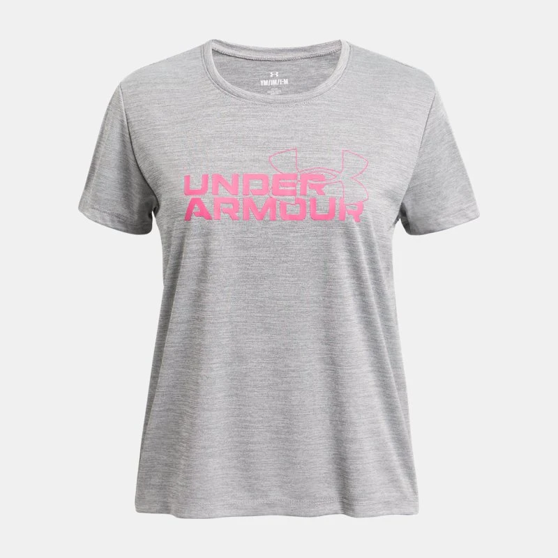 UA Tech? Twist Wordmark Logo Girls Short Sleeve Black / Super Pink YXS ( in)