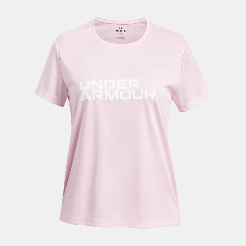 UA Tech? Twist Wordmark Logo Girls Short Sleeve Prime Pink / White YMD ( 59 in)