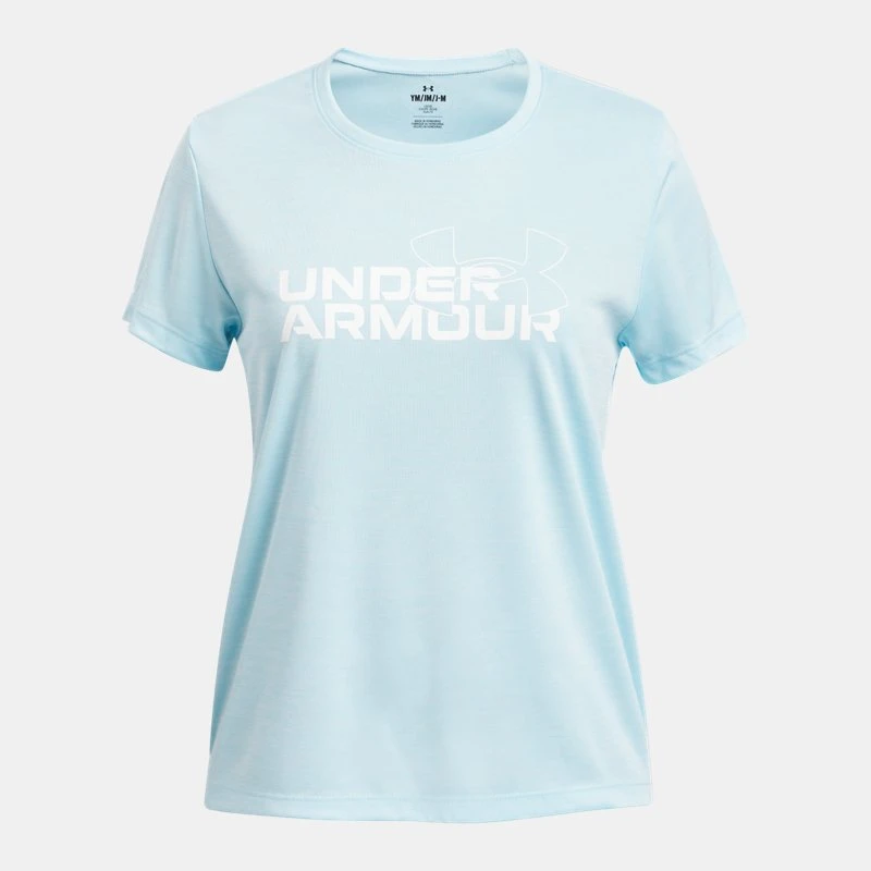 UA Tech? Twist Wordmark Logo Girls Short Sleeve Stream / White YLG (59 in) - Blue