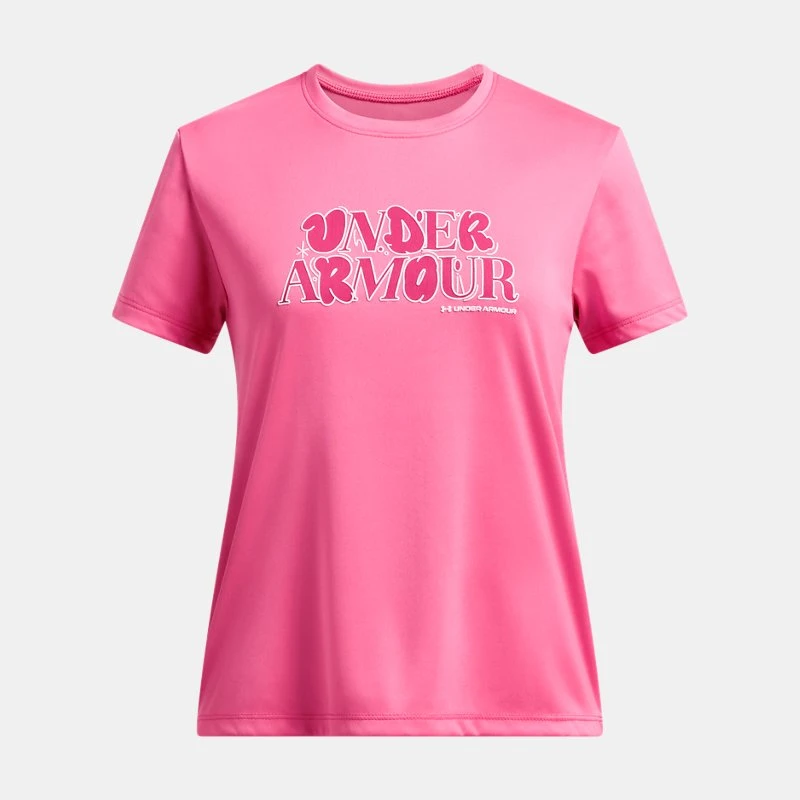 UA Tech? Wordmark Girls Short Sleeve Super Pink / Shaded Fuchsia / White YLG (59 in)