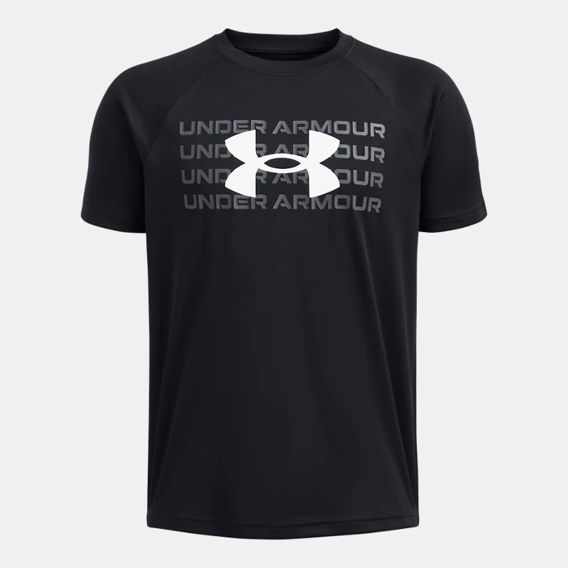 UA Tech? Wordmark Logo Boys Short Sleeve Black / Castlerock / White YXL ( 67 in)