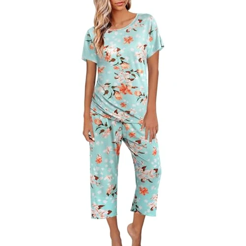 UK Stock Sale Womens Pyjamas Plus Size High Waisted Summer Nightwear Sweetness Cami Sets Ladies Pyjamas Size 14 Cotton Floral Printing Short Sleeve Loungewear Wide Leg Pants St Patrick S Day Gifts