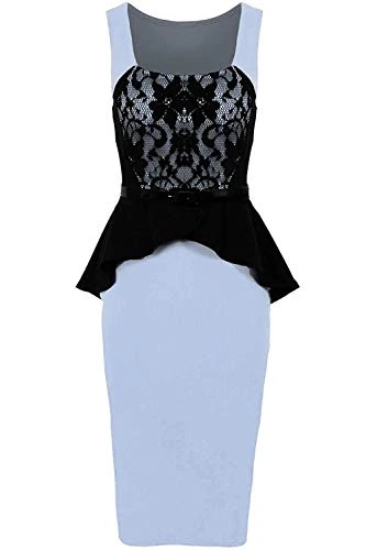 Unbranded by  Ladies Sleeveless Belted Lace Contrast Women's Wrap Peplum Bodycon Dress [Baby Blue, UK 12]