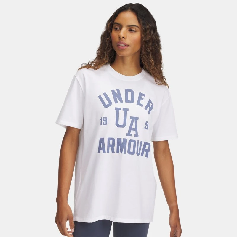 Under Armour Heavyweight Collegiate Womens Oversized Short Sleeve White / Aurora Purple / White