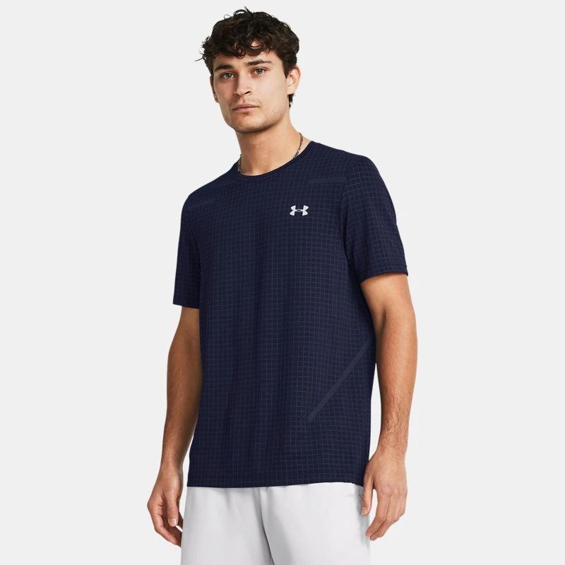 Under Armour Seamless Grid Mens Short Sleeve Midnight Navy / Mod Gray