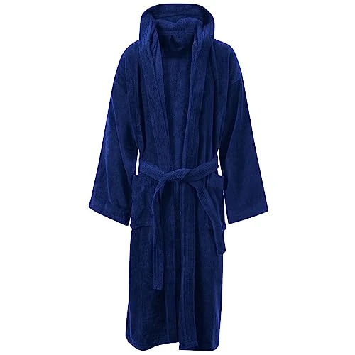 Unisex 100% Luxury Egyptian Cotton Super Soft Velour Towelling Bath Robe Dressing Gowns Bathrobe Terry Towel Housecoat Nightwear Lounge Wears with Pockets and Belt(Hooded Navy,M/L)