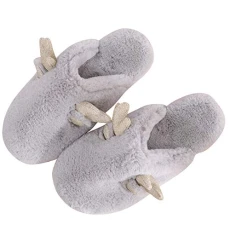 Unisex Adults Imitation Antler Faux Fur Slippers Winter Warm Anti-Slip Cartoon Indoor House Shoes Light Grey 39/40