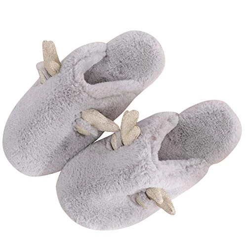 Unisex Adults Imitation Antler Faux Fur Slippers Winter Warm Anti-Slip Cartoon Indoor House Shoes Light Grey 39/40