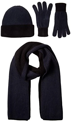 Unisex Adults' Knit Hat, Scarf and Gloves Set, Pack of 3, Black/Blue Nights, One Size