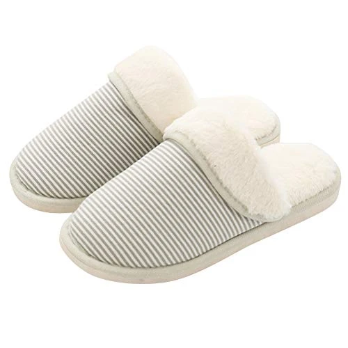 Unisex Adults Stripes Faux Fur Slippers Womens Mens Winter Warm Anti-Slip Indoor House Shoes Green 25