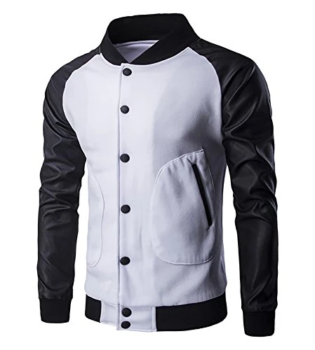 Unisex Basic Hip Hop Urban Bomber Jacket Baseball Jackets Coat PU Leather Sleeve White M