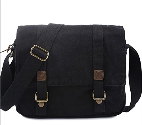 Unisex Canvas Leather Cross Body Retro Messenger Bag Military Shoulder Bag (Black)