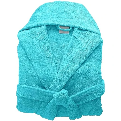 Unisex Cotton Terry Towelling Bathrobe Hooded Hooded Dressing Gown-Teal Hooded-M