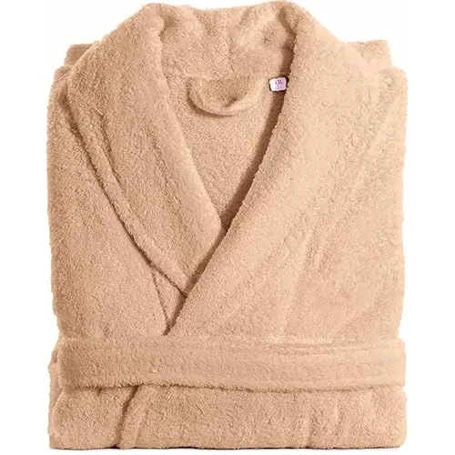 Unisex Cotton Terry Towelling Bathrobe Shawl Collar Hooded Dressing Gown-Beige Shawl Collar-L