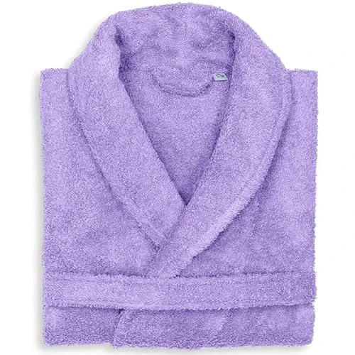 Unisex Cotton Terry Towelling Bathrobe Shawl Collar Hooded Dressing Gown-Lilac Shawl Collar-XXL