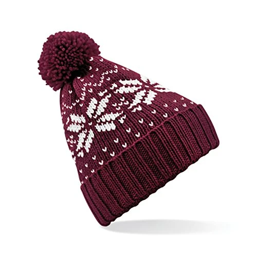 Unisex  Fair Isle Knit Snowstar Beanie Bobble Hat Burgundy/White One Size