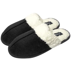 Unisex Ladies Womens Mens Warm Winter Faux Suede Soft Sherpa Fleece Sheepskin Fur Lined Slip on Mules slippers-BLK-3/4