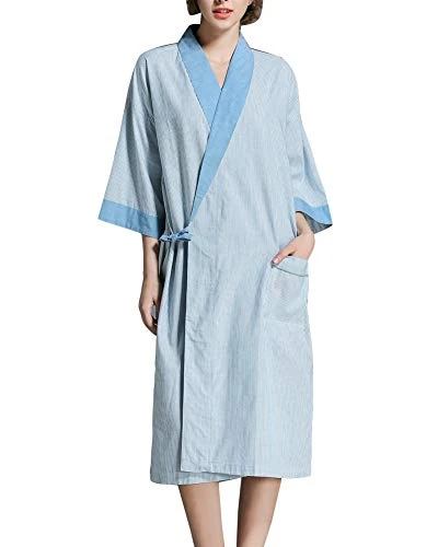 Unisex Mens and Womens Kimono Dressing Gown Bathrobe Bath Robe with Pocket Blue One Size