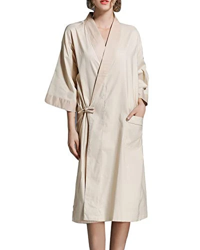 Unisex Mens and Womens Kimono Dressing Gown Bathrobe Bath Robe with Pocket Khaki One Size