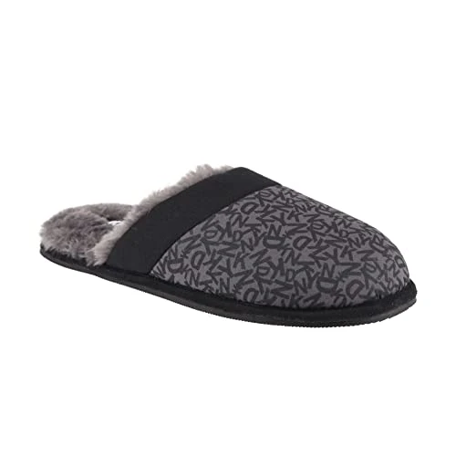 Unisex Mens Mule Slipper with All Over Branded Print and Fabric Lining and Anti Slip Grip, Black/Gre