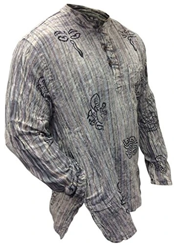 Unisex Stonewashed Striped Light Weight Hippy Grandad Shirt, L.Grey, 2XL