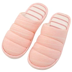 Unisex Stripes Memory Foam Slippers Womens Mens Winter Warm Anti-Slip Indoor House Shoes Nude Pink 2