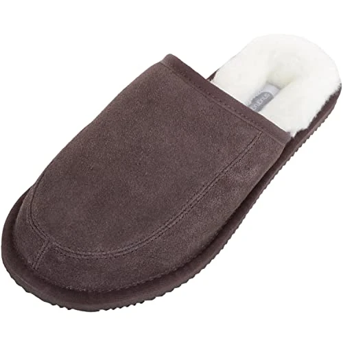 Unisex Suede Mule Slipper with Full Wool Lining and Hard Sole - Brown - UK 9