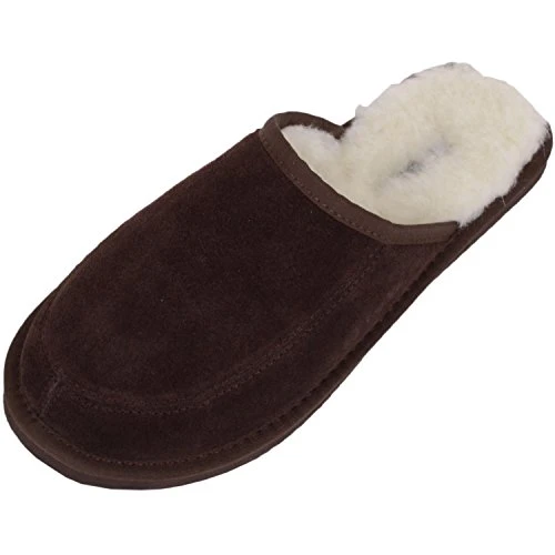 Unisex Suede Mule Slipper with Full Wool Lining and Hard Sole - Brown UK Size 8