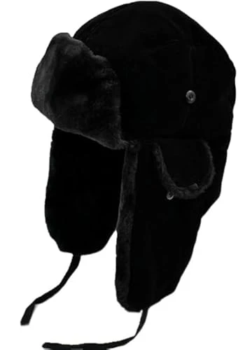 Unisex Winter Trapper Hat, Warm Plush Russian Ushanka Hat with Ear Flaps, Black