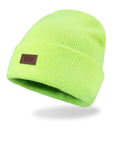 Unisex's All Season Comfy Leather Logo Patch Cuffed Hero Beanie Hat, Neon Yellow Solid, One Size