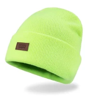 Unisex's All Season Comfy Leather Logo Patch Cuffed Hero Beanie Hat, Neon Yellow Solid, One Size