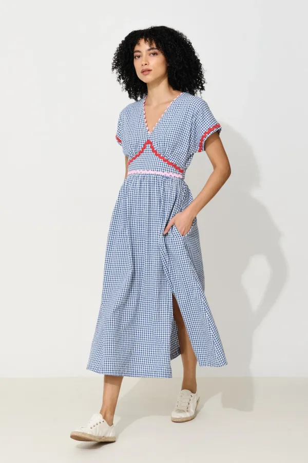 Unity Gingham Ric Rac Trim V-Neck Midi Dress - Blue