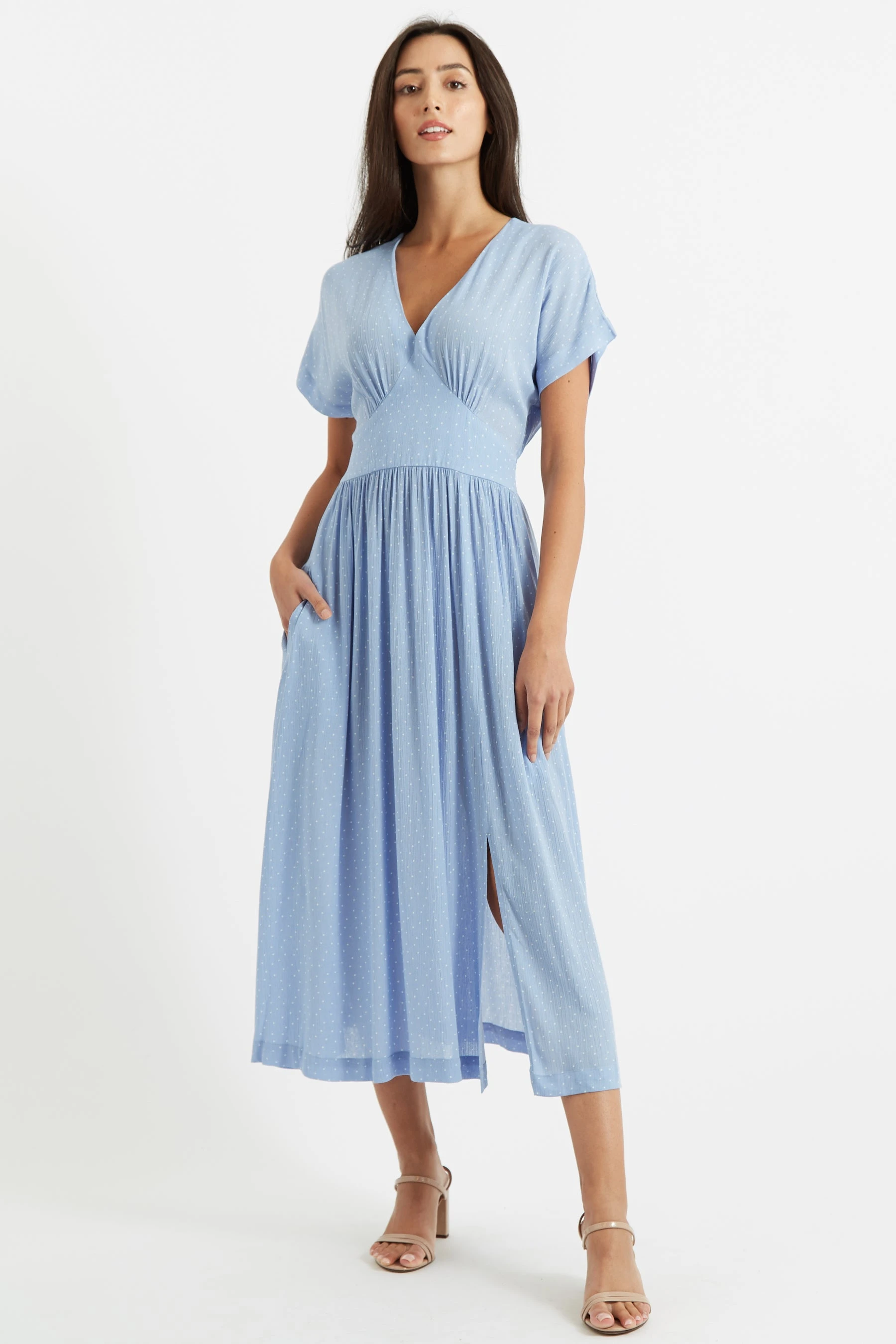 Unity Petite Dot V-Neck Midi Dress - Blue