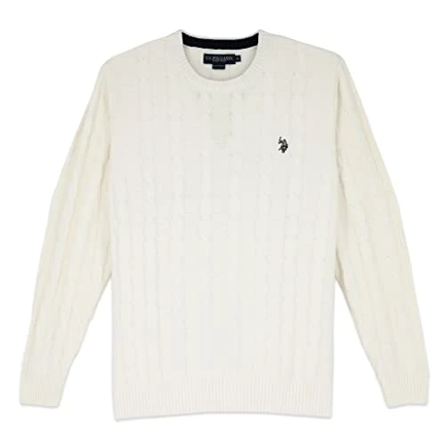 U.S. Polo Men's Cable Crew Neck Sweater Pullover (Winter White, XL)