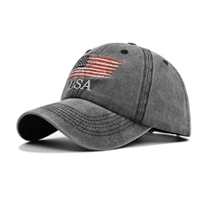USA Print Baseball Cap Unisex Vintage Washed Cotton American Flag Embroidery Sports Casual Sun Hat Black