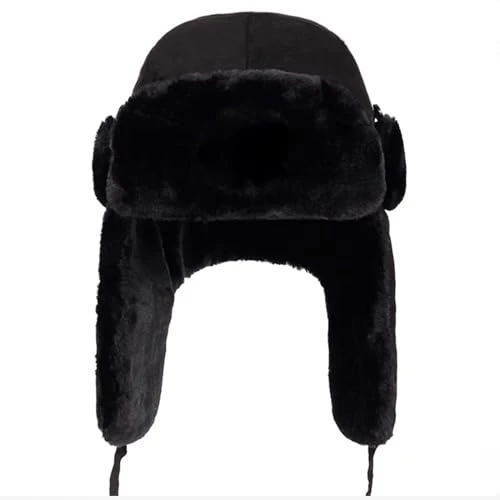 Ushanka Trapper Hat for Men Warm Cozy Winter Earflap Cap with Soft Fur Cossack Winter Faux Fur Windproof Thermal Head Wear Jet Black One Size