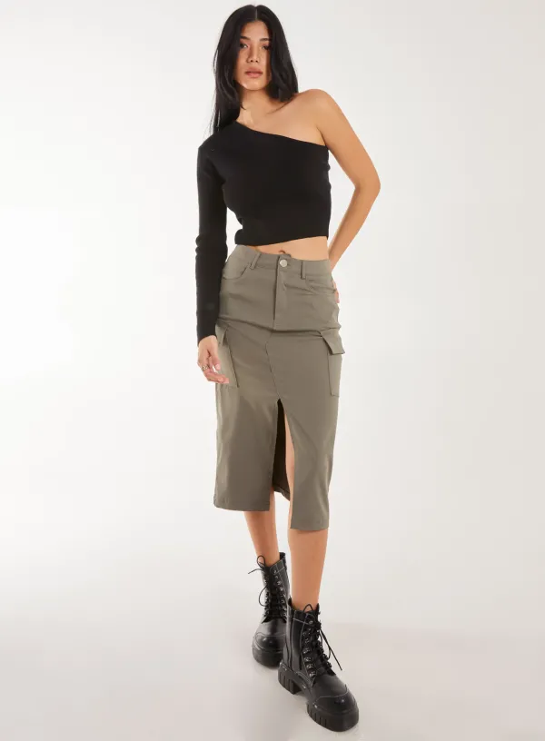 Utility Cargo Midi Slit Skirt - - KHAKI