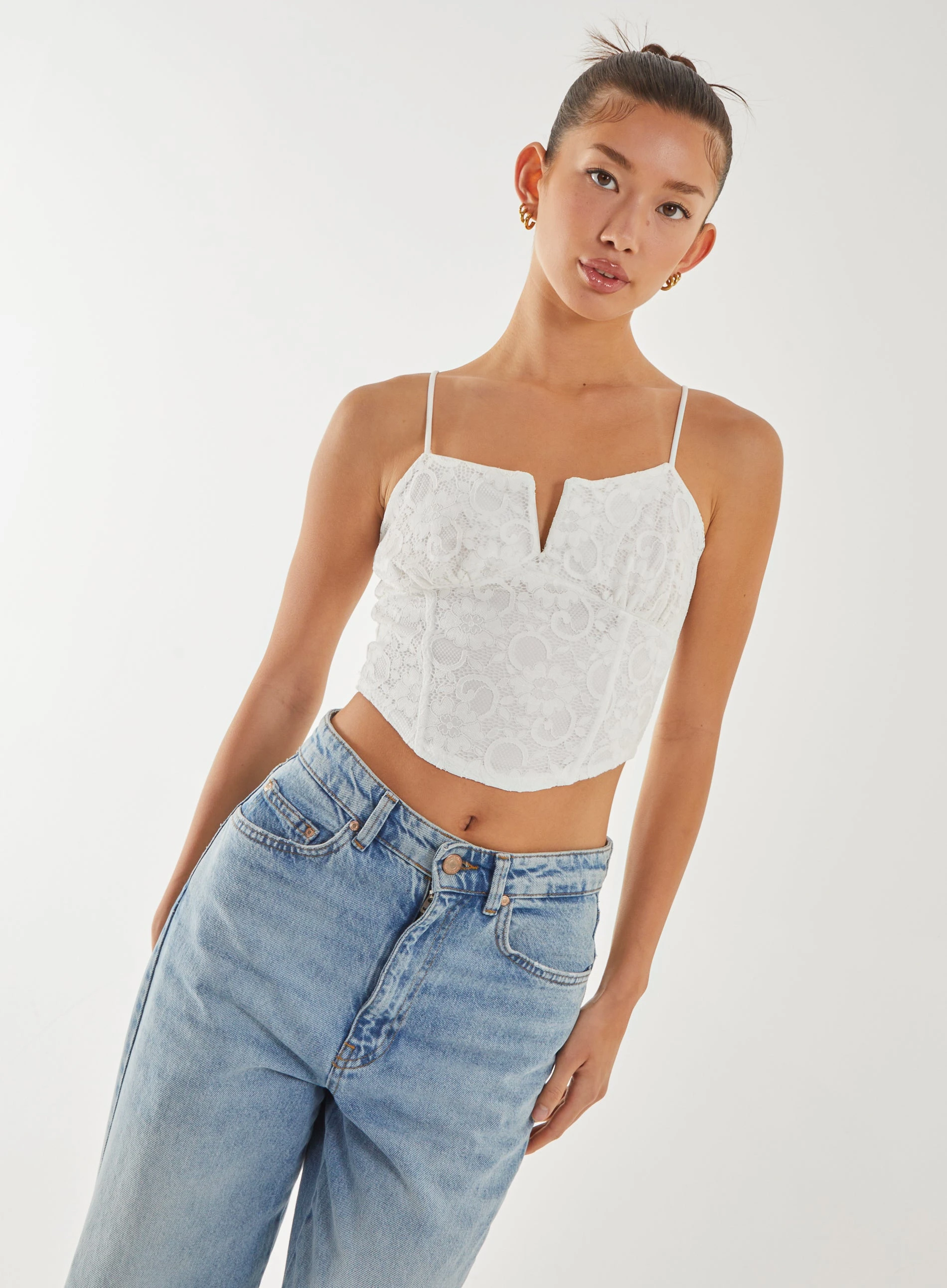 V-Detail Lace Strappy Top  - S  - IVORY