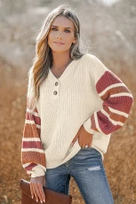 V-Neck Buttoned Striped Jumper - White
