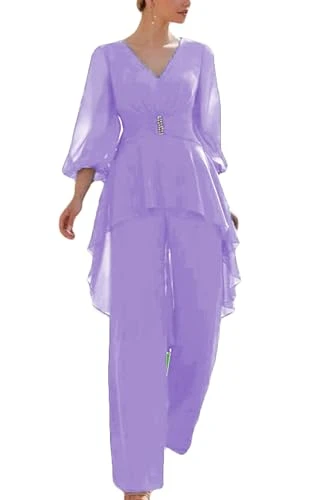 V Neck Chiffon Formal Jumpsuit for Wedding Guest Size 20 Mother of The Groom Pant Suits Long Sleeves