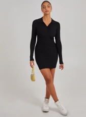 V Neck Collared Jumper Dress  - S  - Black