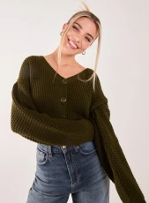 V Neck Cropped Knitted Cardigan KHAKI