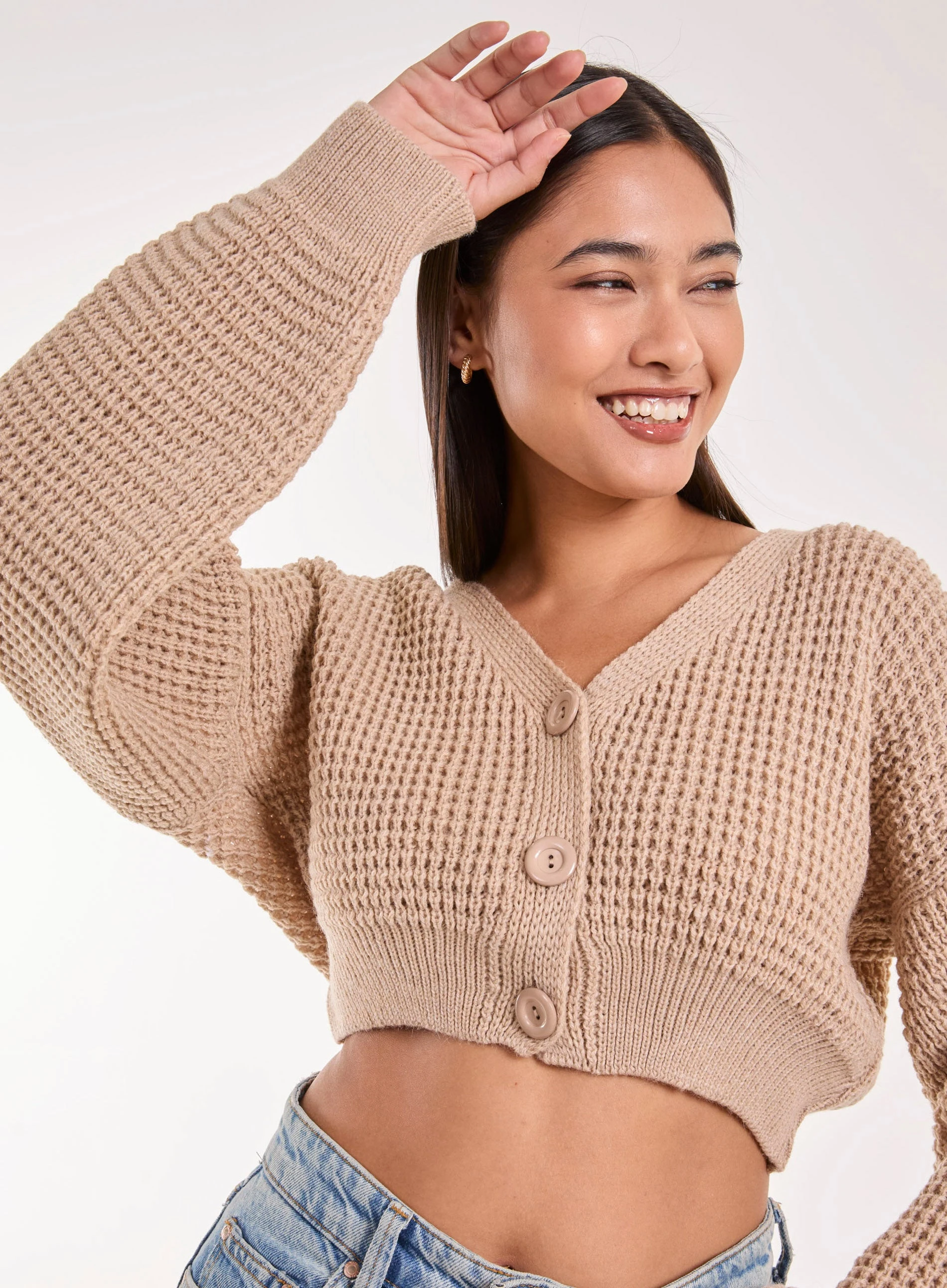 V Neck Cropped Knitted Cardigan - M/L - STONE