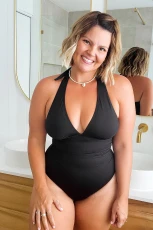 V-Neck Halter Top Slim & Sculpt One Piece Swimsuit - Black V-Neck Halter Top Slim & Sculpt One Piece Swimsuit - Black