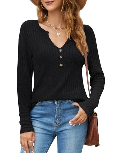 V Neck Jumpers for Women UK, Thin Long Sleeve T Shirts Knitted Tops Thermal Sweater Casual Fall Clothes Stretchy Soft Basic Tunic Black Large