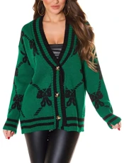 V-neck Knitted Jacket Cardigan for Women, Oversize Style with Print, Green, One Size Fits All