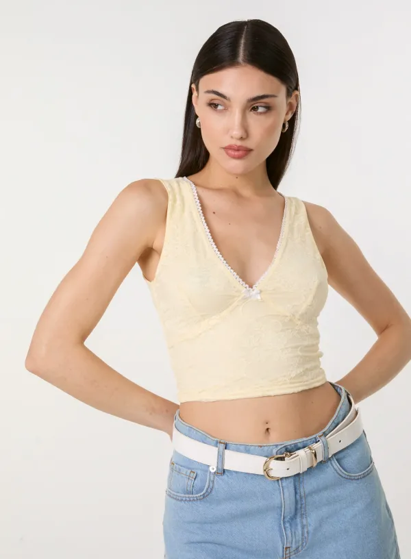 V Neck Lace Crop Top - L - LEMON