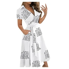 V Neck Lace Up Long Slim Dress Women Wrap Hips Body Print Women Mini Dress Women Winter, White, S