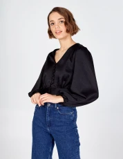 V Neck Puff Sleeve Button Front Crop Top BLACK V Neck Puff Sleeve Button Front Crop Top BLACK