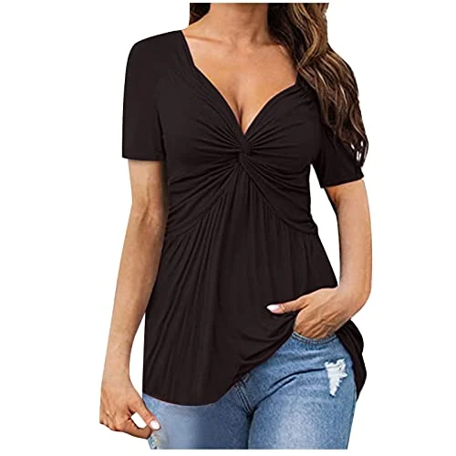 V Neck T Shirts for Women UK Cotton Tee Bow Blouse Sexy Plus Size Going Out Tops Ladies Summer Short Sleeve Shirt Casual Long T-Shirt Elegant Swing Tunic Top Party Cocktail